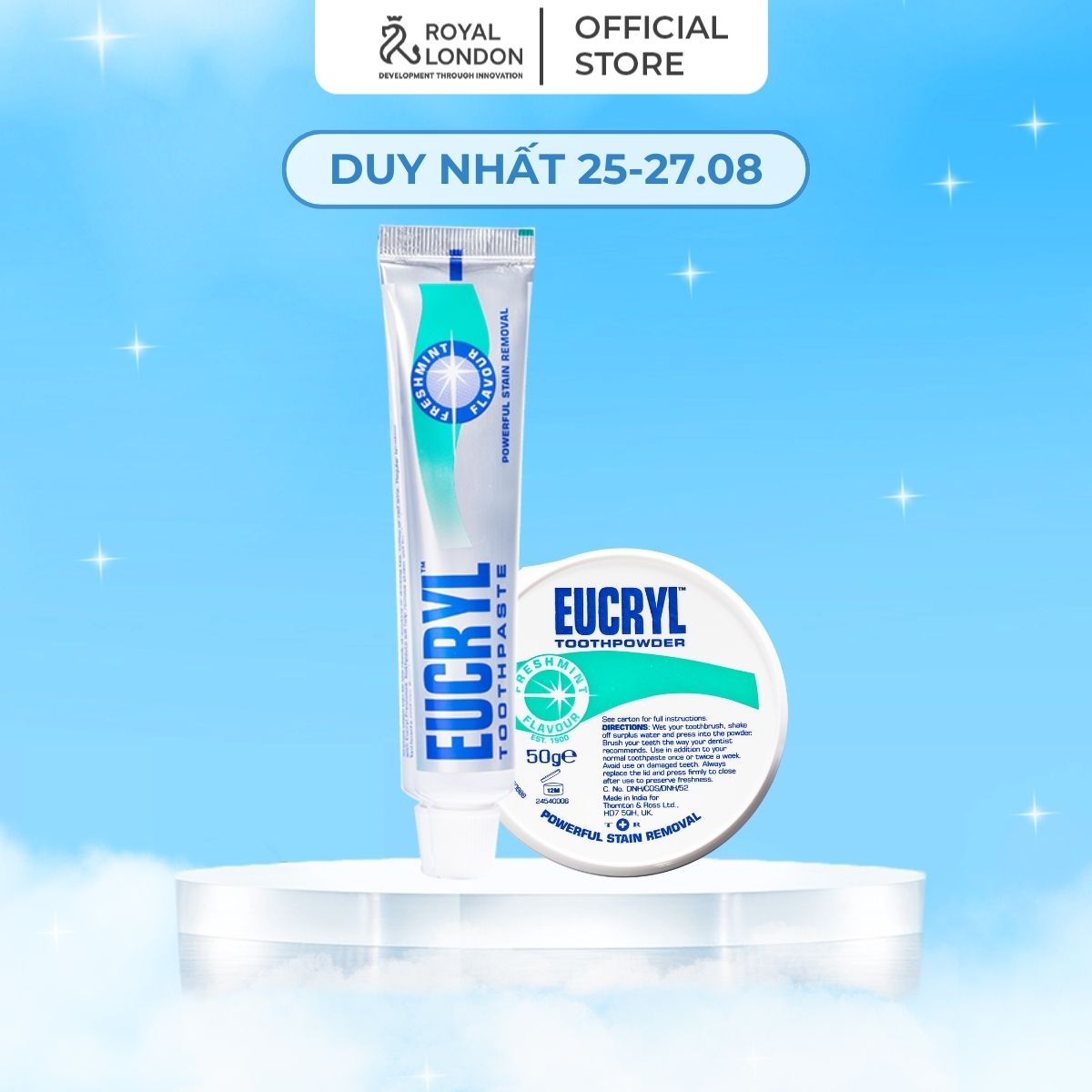 Combo trắng răng Eucryl kem đánh răng 62g + bột trắng răng 50g