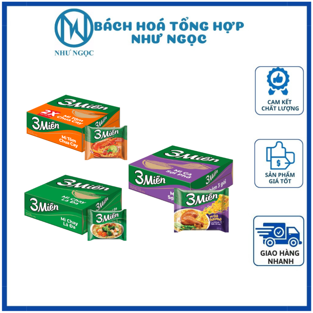 Thùng 30 gói - mì 3 miềmtôm chua cay/ chay lá đa - bách hóa tổng hợp như ngọc