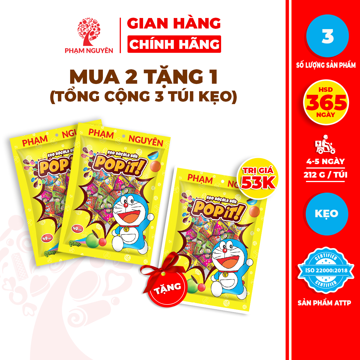 MUA 2 TẶNG 1 | Tổng cộng 3 Túi Kẹo socola sữa Popit Doraemon 212gr | Đồ ăn vặt
