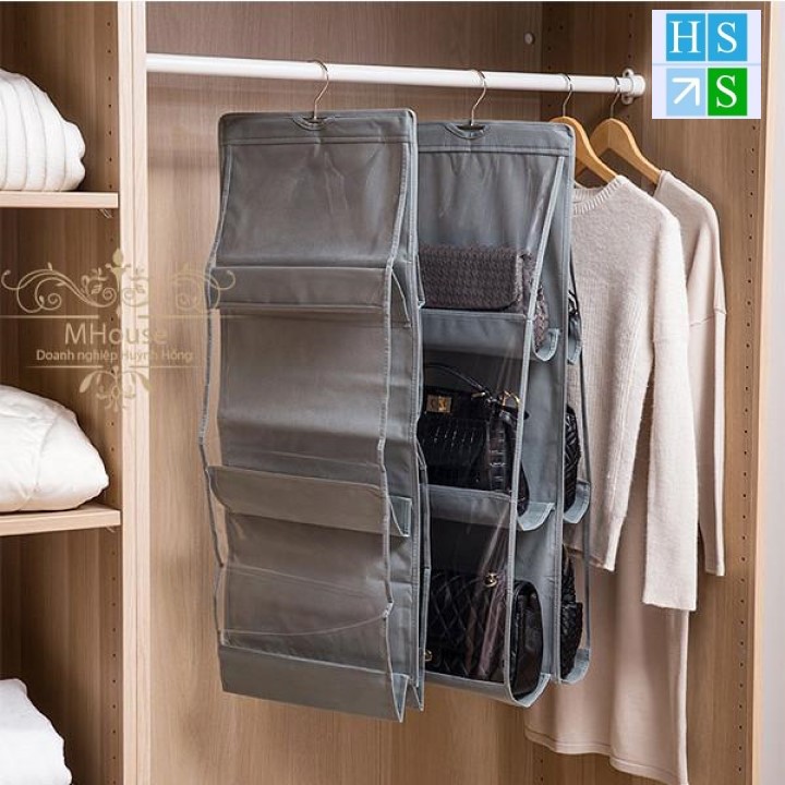 Túi treo đựng bảo quản giỏ sách túi sách bóp ví ( 6 ngăn, 3 tầng) đựng đồ chống bụi có móc treo xoay 360 - HS Shop