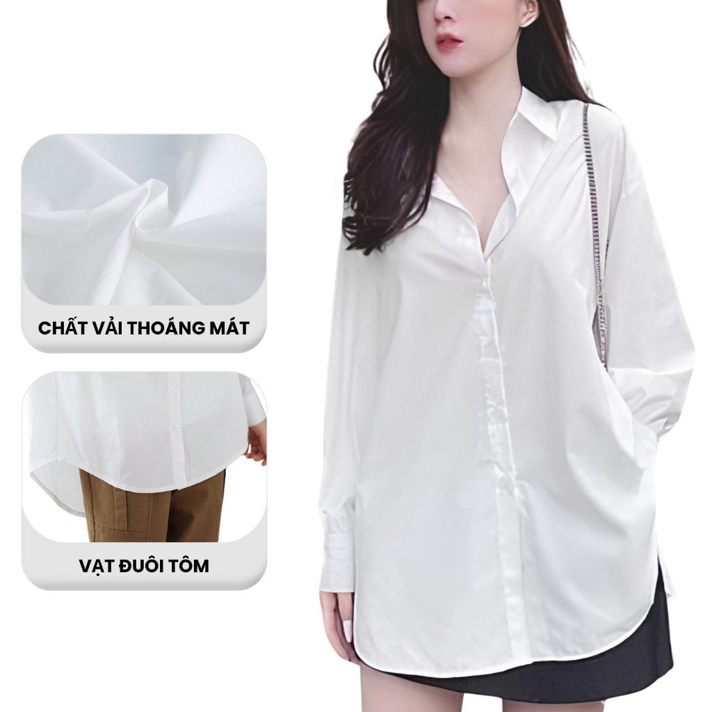 Áo sơ mi nữ form rộng dài tay madela, sơ mi trắng nữ tay dài form rộng
