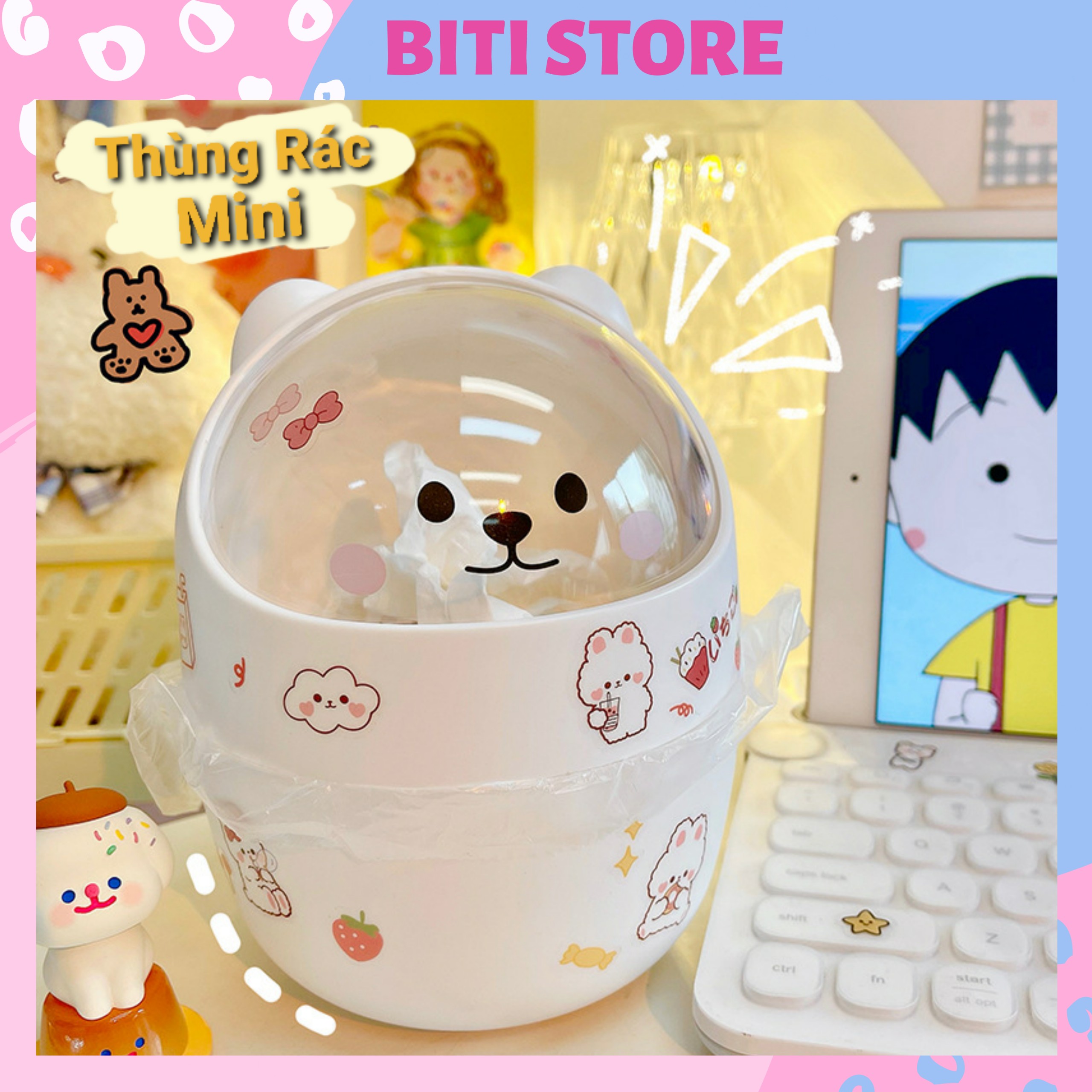 [5 Màu] Thùng Rác Mini Để Bàn Kiêm Ống Cắm Bút Xinh Xắn [Không Bao Gồm Hình Dán] BiTi Store
