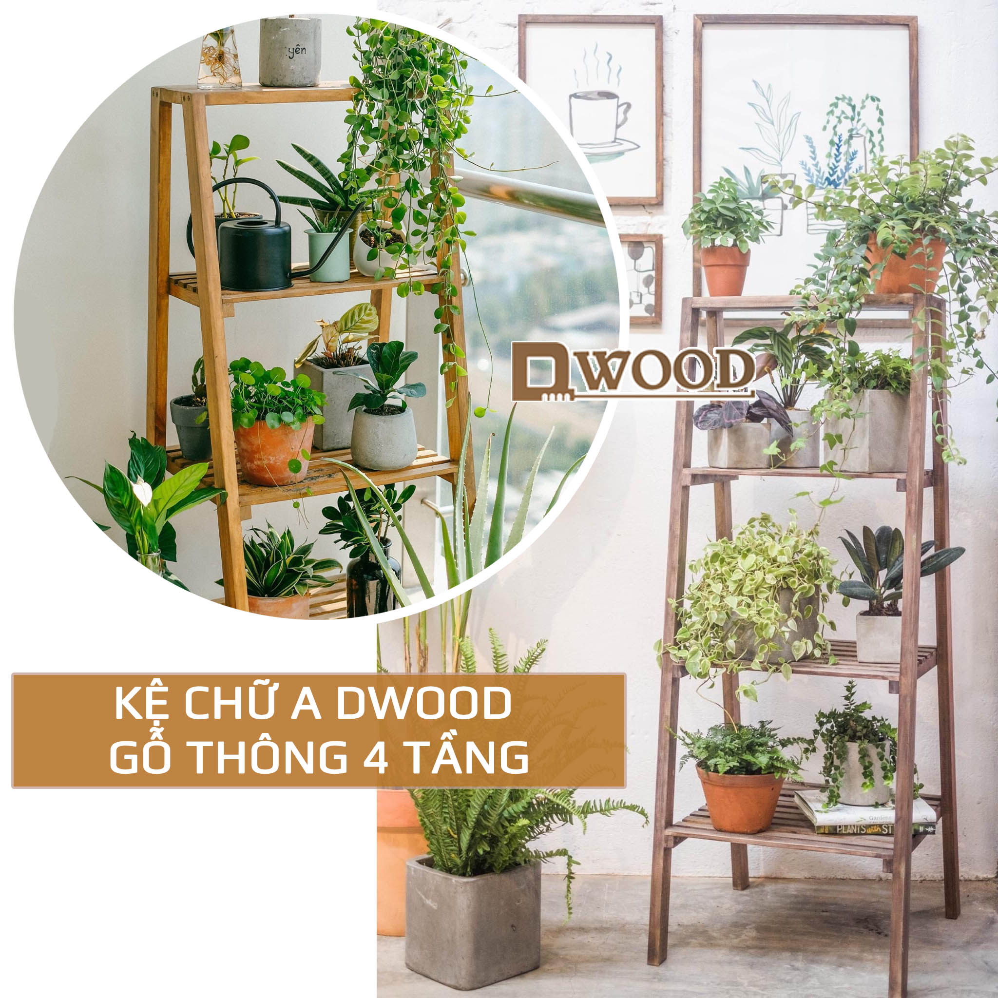 Kệ gỗ đựng đồ chữ a dwood gỗ thông 4 tầng - màu vintage