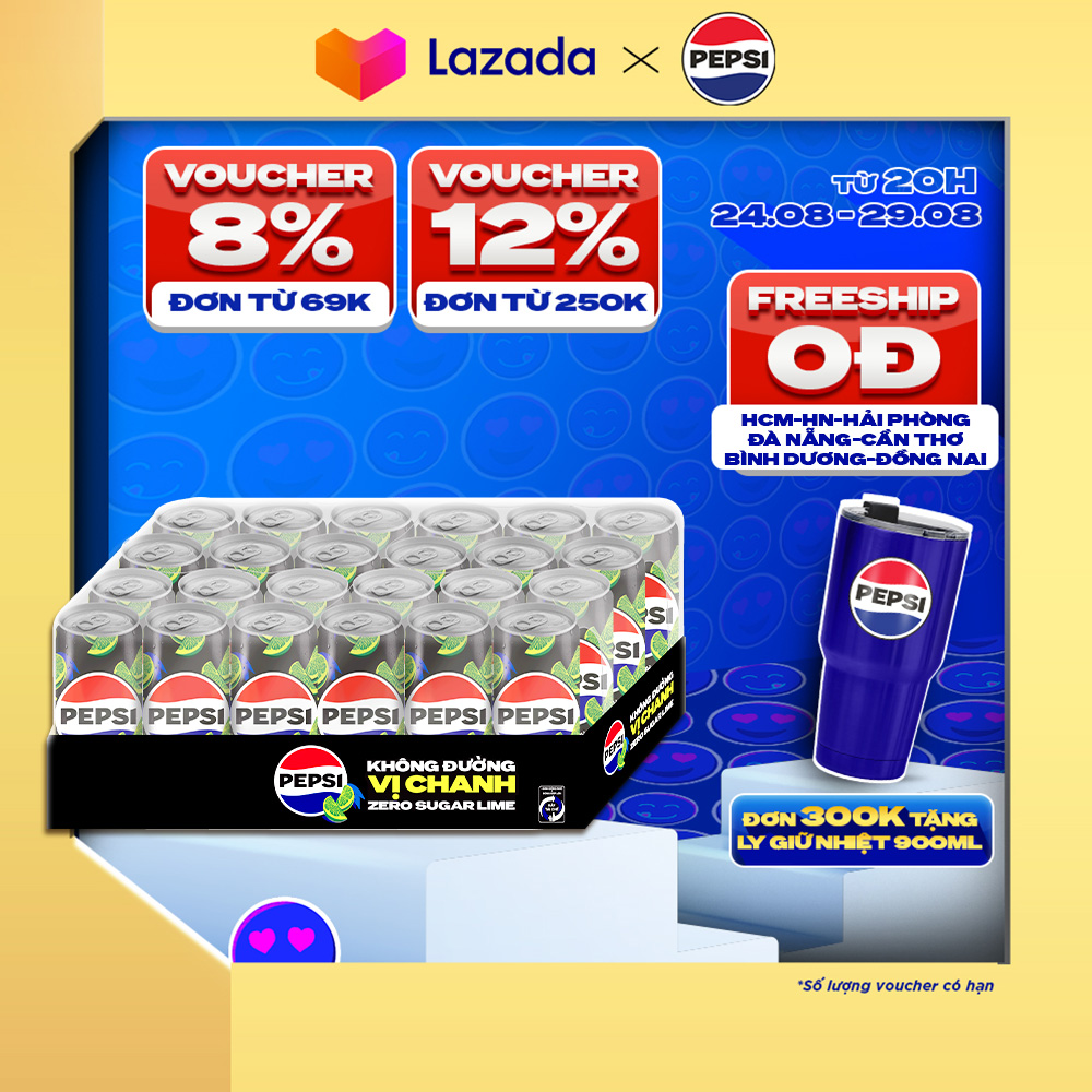 Thùng 24 lon nước uống có gaz pepsi vị chanh không calo