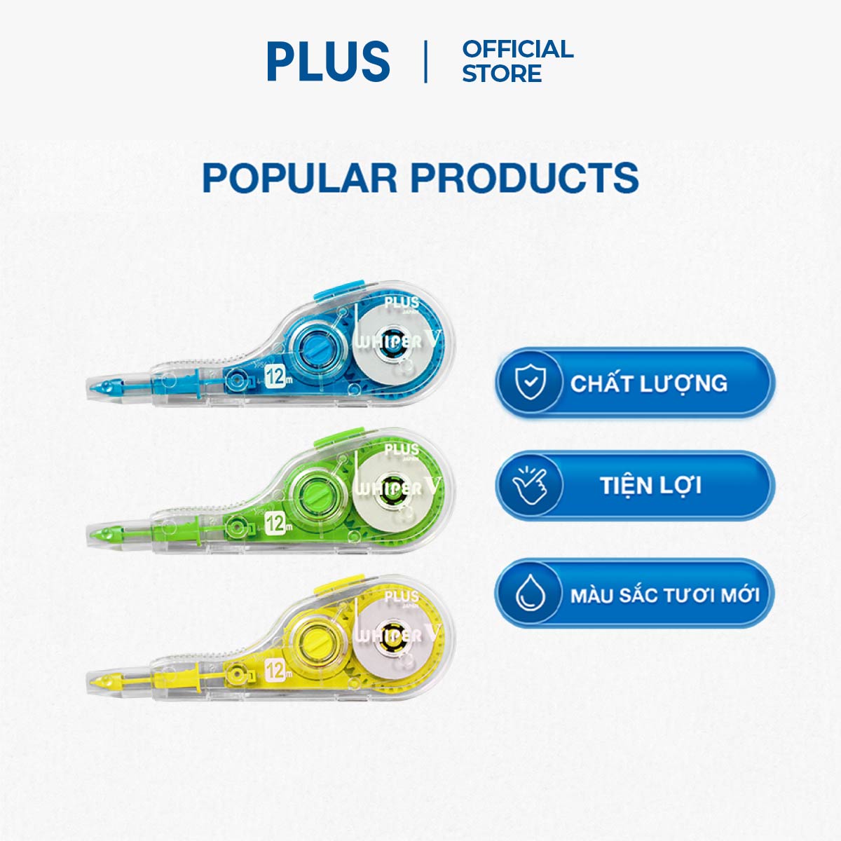 Combo 3 Bút Xóa Kéo, Băng Xóa Kéo, Bút Xóa Giấy PLUS V Happy Color - Thiết Kế Dễ Sử Dụng, Có Nắp Bảo Vệ Đầu Kéo