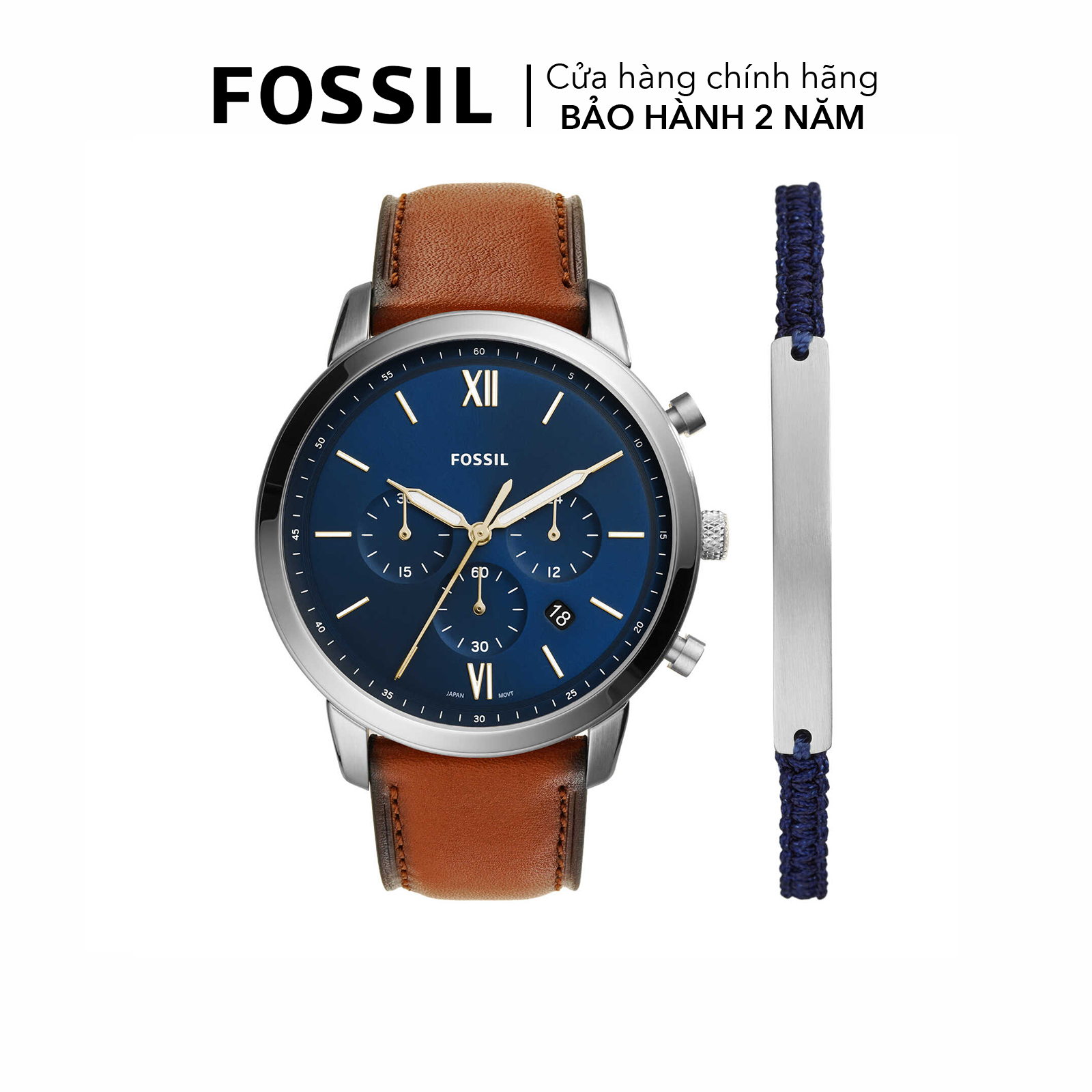 Đồng hồ nam fossil neutra chrono dây da, mặt 44 mm, màu nâu, fs5708set