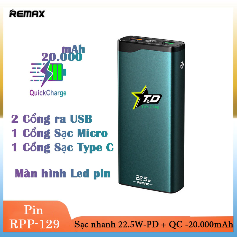 Pin sạc dự phòng mini 20000mah 22.5w remax rpp 129 sạc nhanh qc+pd màn hình led hiển thị pin