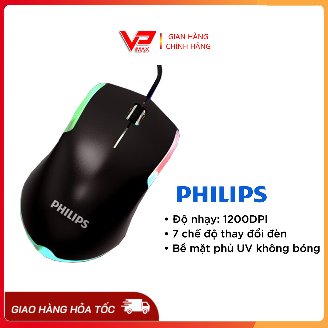 Chuột game Philips SPK9314 đèn led nhiều màu - DPI 1200 phủ UV không bóng - VPMAX