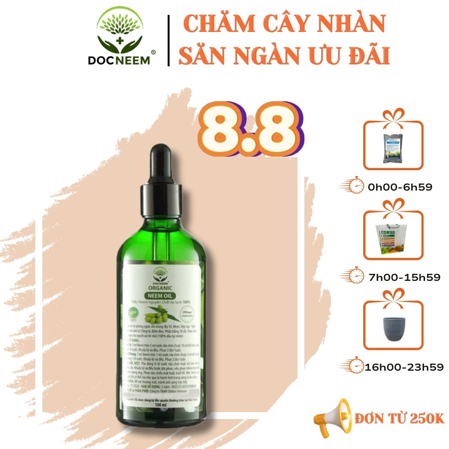 Dầu neem hữu cơ DOCNEEM phòng diệt côn trùng, sâu hại hoa hồng, phong lan, cây cảnh, dầu neem oil nguyên chất ép lạnh 100ml