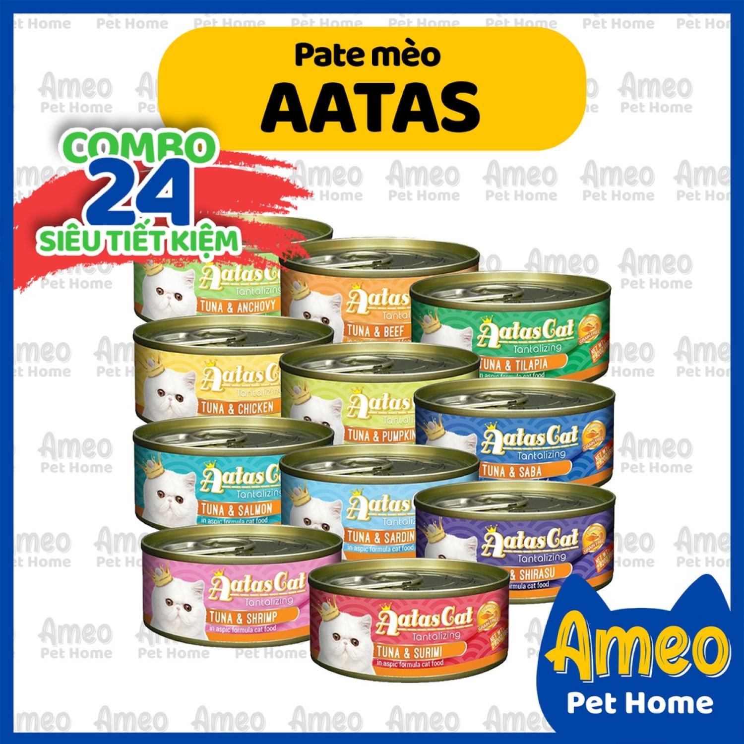 Combo thùng 24 lon pate aatas cat cho mèo mix vị