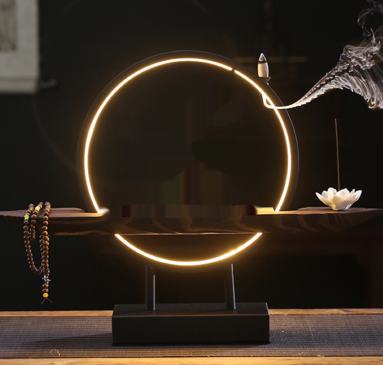 Bộ kệ gỗ đặt tượng có đèn led và thác khói 6 món