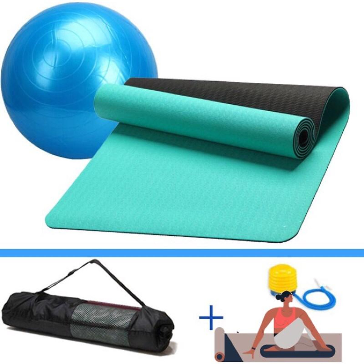 Combo thảm tập yoga dododios 6mm 2 lớp + bóng tập yoga cao cấp