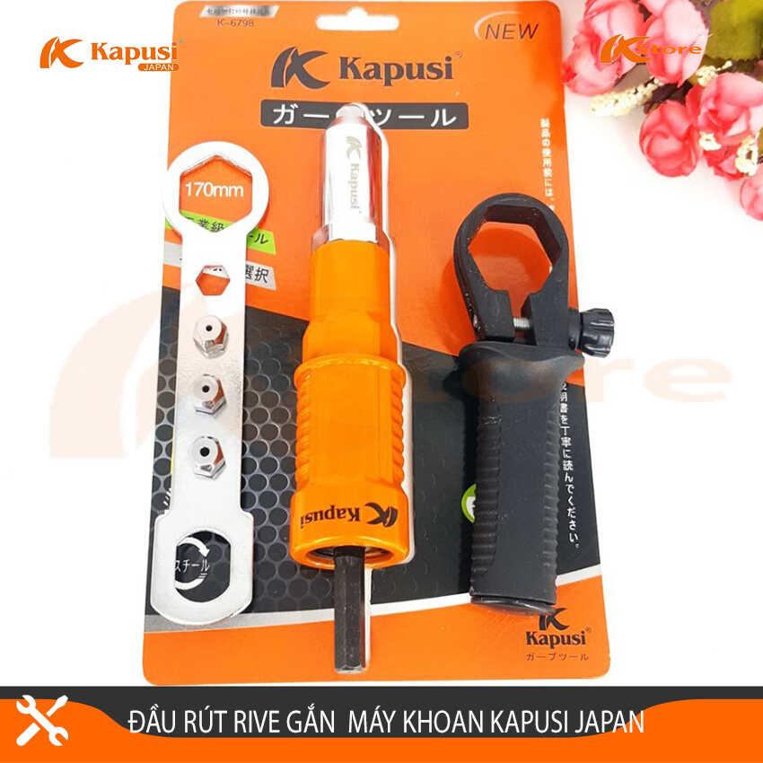 Bộ đầu rút đinh tán rive gắn máy khoan Kapusi Japan, Đầu chuyển máy khoan cầm tay thành đầu rút đinh rive đa năng