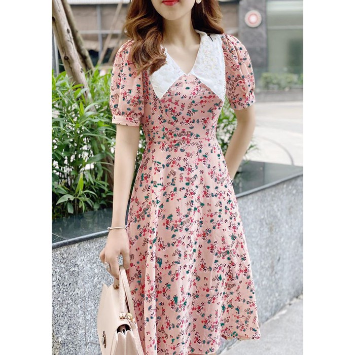 Đầm hoa xòe cổ sen nhọn phối trắng  tay ngắn siêu xinh