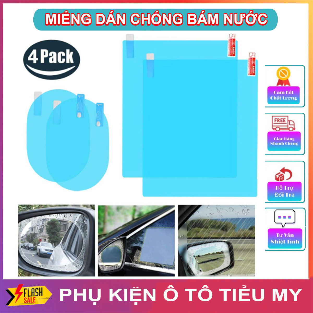 Combo 4 Miếng Dán Chống Bám Nước Gương Chiếu Hậu Xe Ô Tô - Giảm 80% Nước Bám Đọng Và Chống Lóa Cho Xe - Chăm Sóc Kính Ô Tô Tô