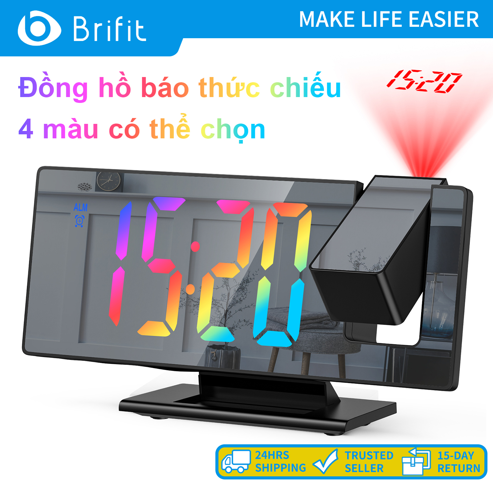 Brifit Projection Đồng hồ báo thức kỹ thuật số 7.8 "Đồng hồ hiển thị gương LED 4 mức Điều chỉnh độ sáng Chức năng báo lại 12 / 24h hiển thị nhiệt độ, máy chiếu trong nhà 180 °, chiếu đồng hồ báo thức điện tử