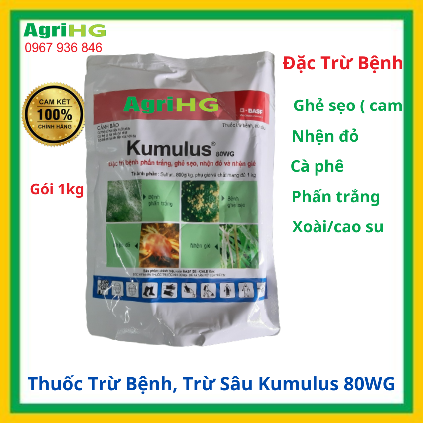 Thuốc trừ bệnh Kumulus 80WG gói 1Kg Sulfur 800gr,Đặc trừ nấm bệnh, nhện đỏ, ghẻ sẹo, phấn trắng trên cây trồng AgriHG