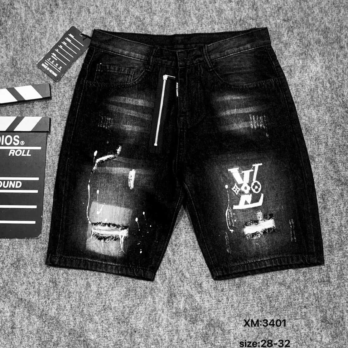 Quần short jean nam đen rách thêu logo LV khóa lệch vải dày đẹp co dãn không phai màu mẫu mới nhất cao cấp AHFASHION