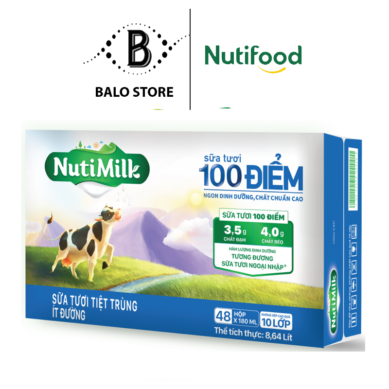 Thùng 48 Hộp NutiMilk Sữa tươi 100 điểm - Sữa tươi tiệt trùng Ít đường 180ml TU.STID180LA - Thương Hiệu NUTIFOOD - BALO STORE