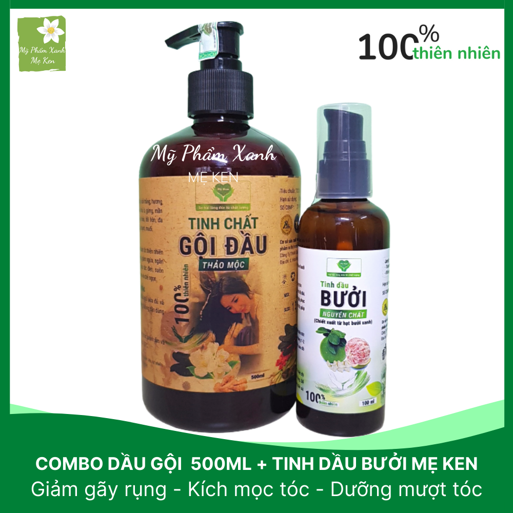 Bộ dầu gội thảo dược 500ml và tinh dầu bưởi 100ml Mẹ ken Ngăn rụng tóc, kích thích mọc tóc, sạch gàu, giảm nấm ngứa da đầu, phục hồi tóc hư tổn, nuôi dưỡng tóc chắc khỏe , suôn mượt