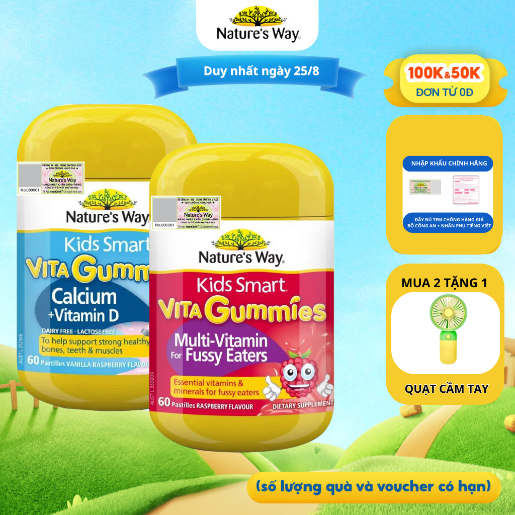 Combo 2 Kẹo Dẻo Cho Bé Nature's Way Kids Smart Vita Gummies Calcium + Vitamin D Và Multi Vitamin for Fussy Eaters