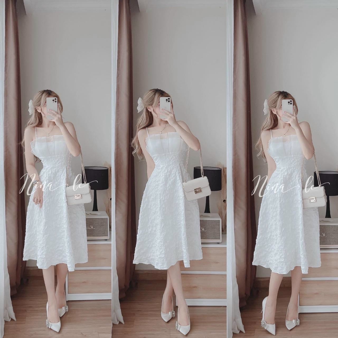 Váy đầm nữ xoè hai dây phối voan kiếng 2 lớp kiểu dáng xinh xắn