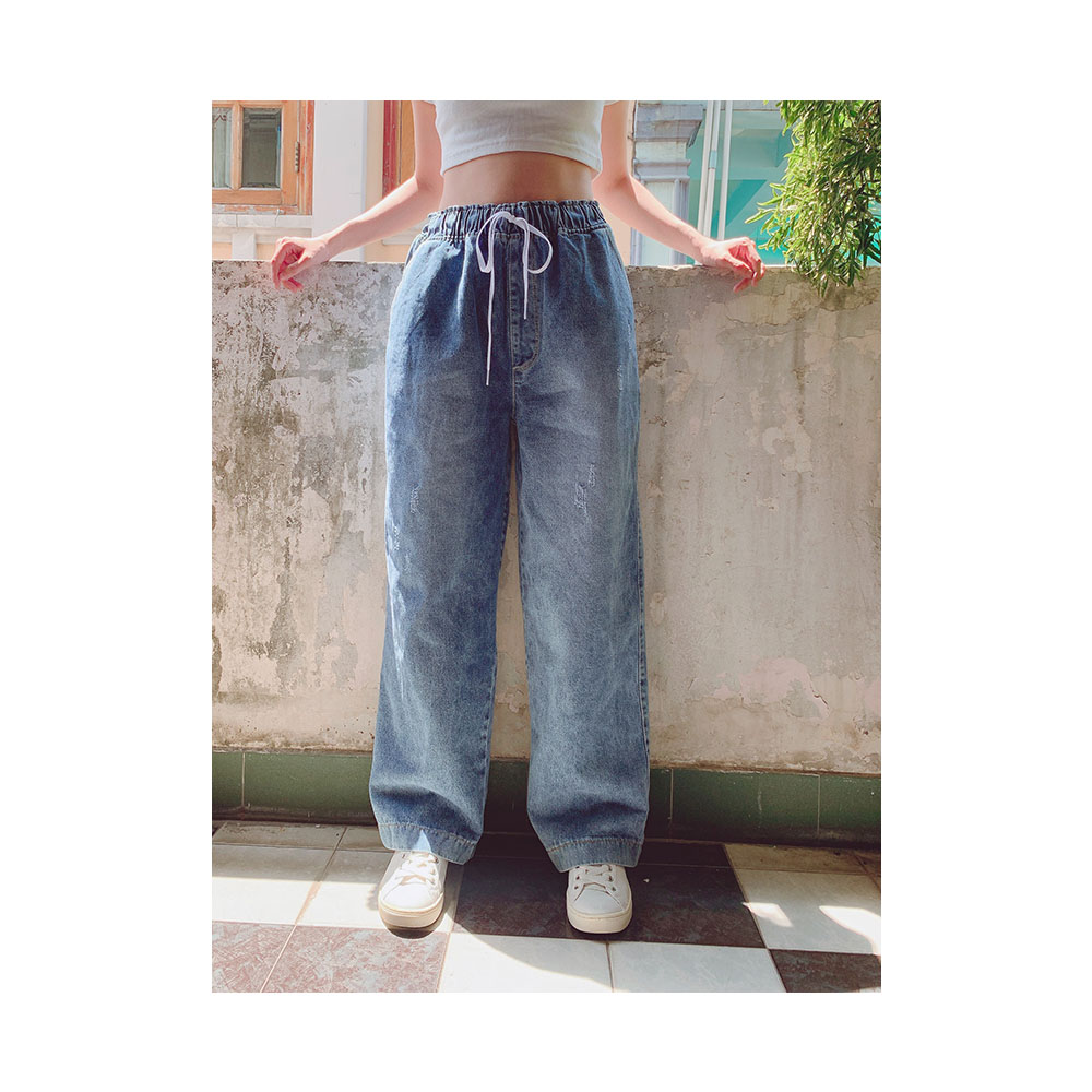 [HCM]Quần jean baggy ống rộng cotton unisex simple jean lưng thun xanh nhạt - quần bò baggy cotton unisex lưng cao