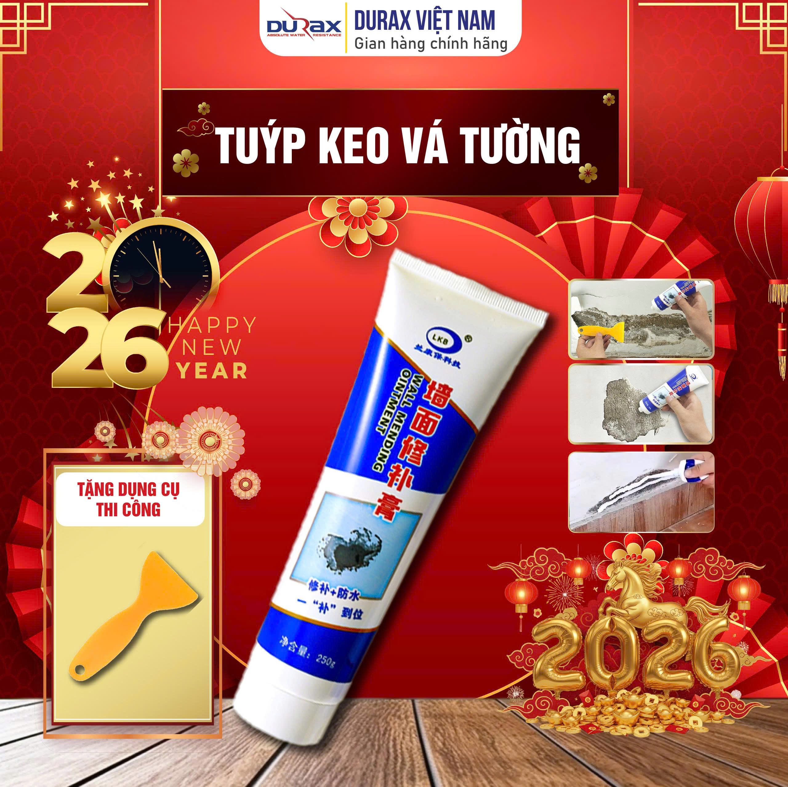 Keo Vá Tường Chống Thấm TAIKO LKB 250gr - Trám Trét Vết Nứt Khe Hở Tường - Chống Mốc Ẩm Làm Sạch Tường