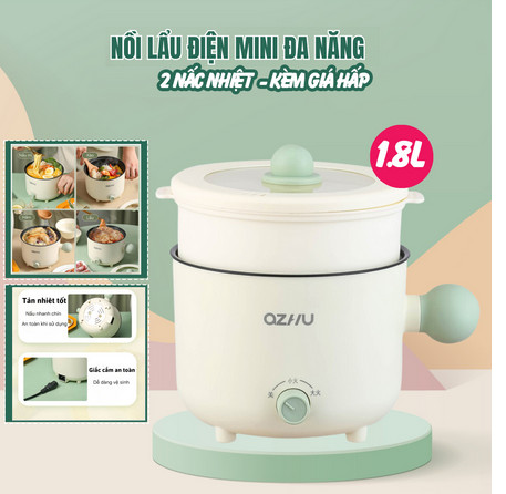 Nồi cơm điện mini , Ca nấu mì, Nồi Điện Đa Năng 2 NẤC NHIỆT Kèm Giá Hấp Có Tay Cầm Tiện Dụng 18cm, Nồi Lẩu Hấp Mini 2 Tầng Cao Cấp