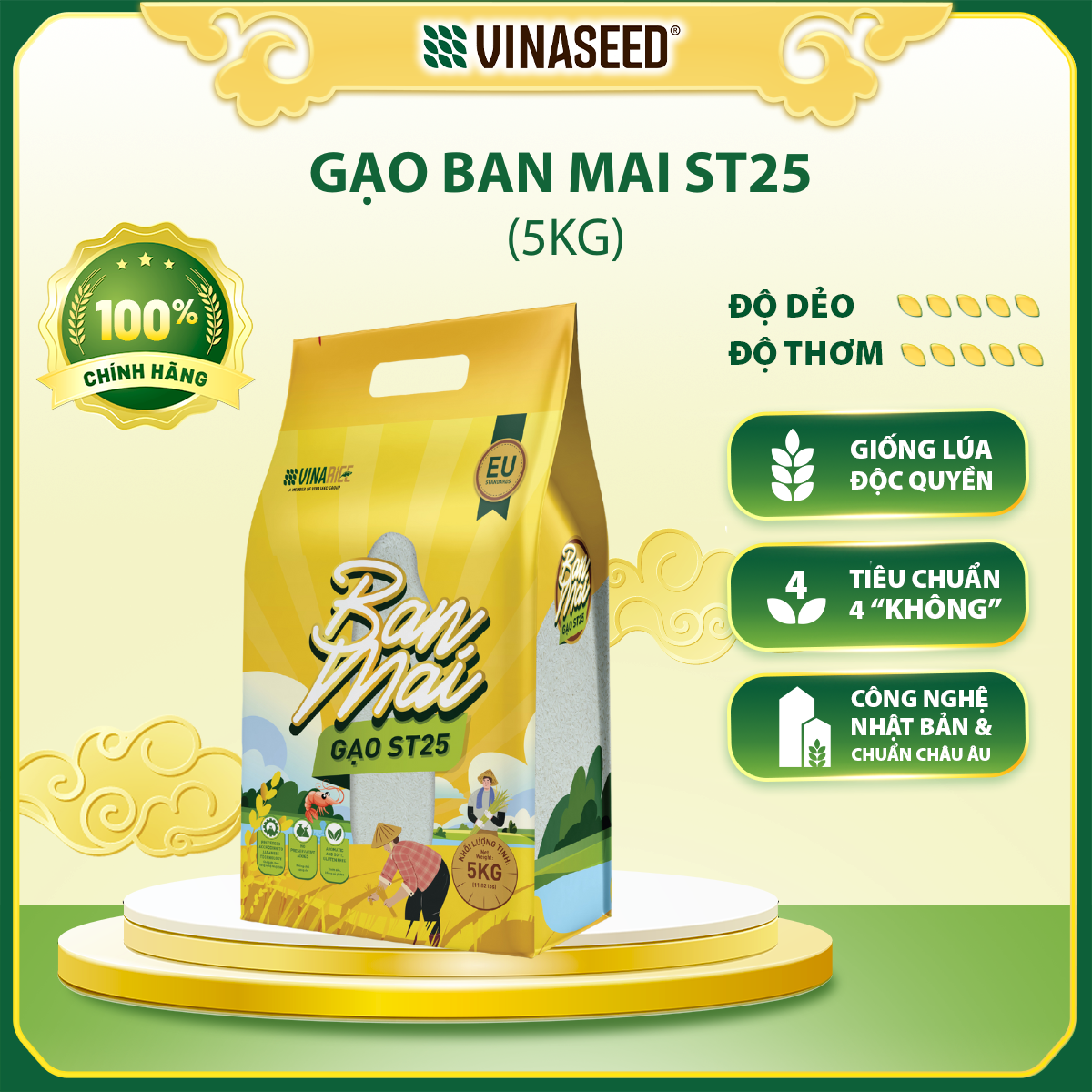 Gạo ban mai st25 túi 5kg - hạt mềm dẻo, thơm hương lài