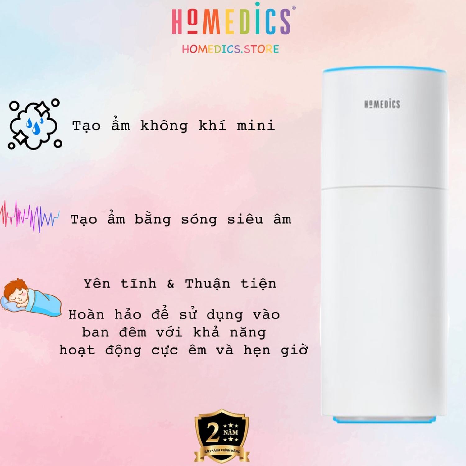 Máy tạo ẩm mini công nghệ siêu âm dùng pin sạc Homedics UHE-CMP15-WT