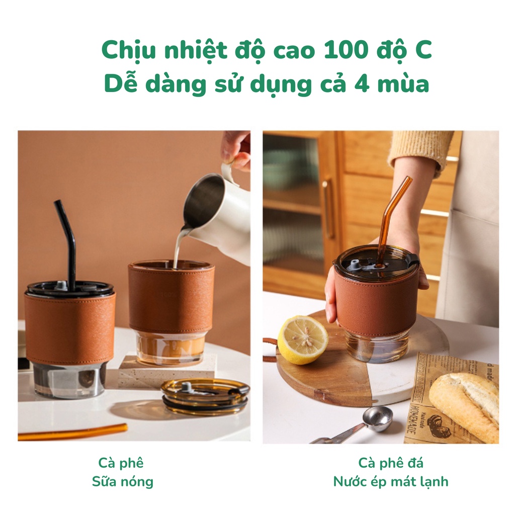 Cốc thủy tinh hổ phách 450ml gorgous bọc da sang chảnh có nắp kín ống hút, ly uống nước chịu nhiệt