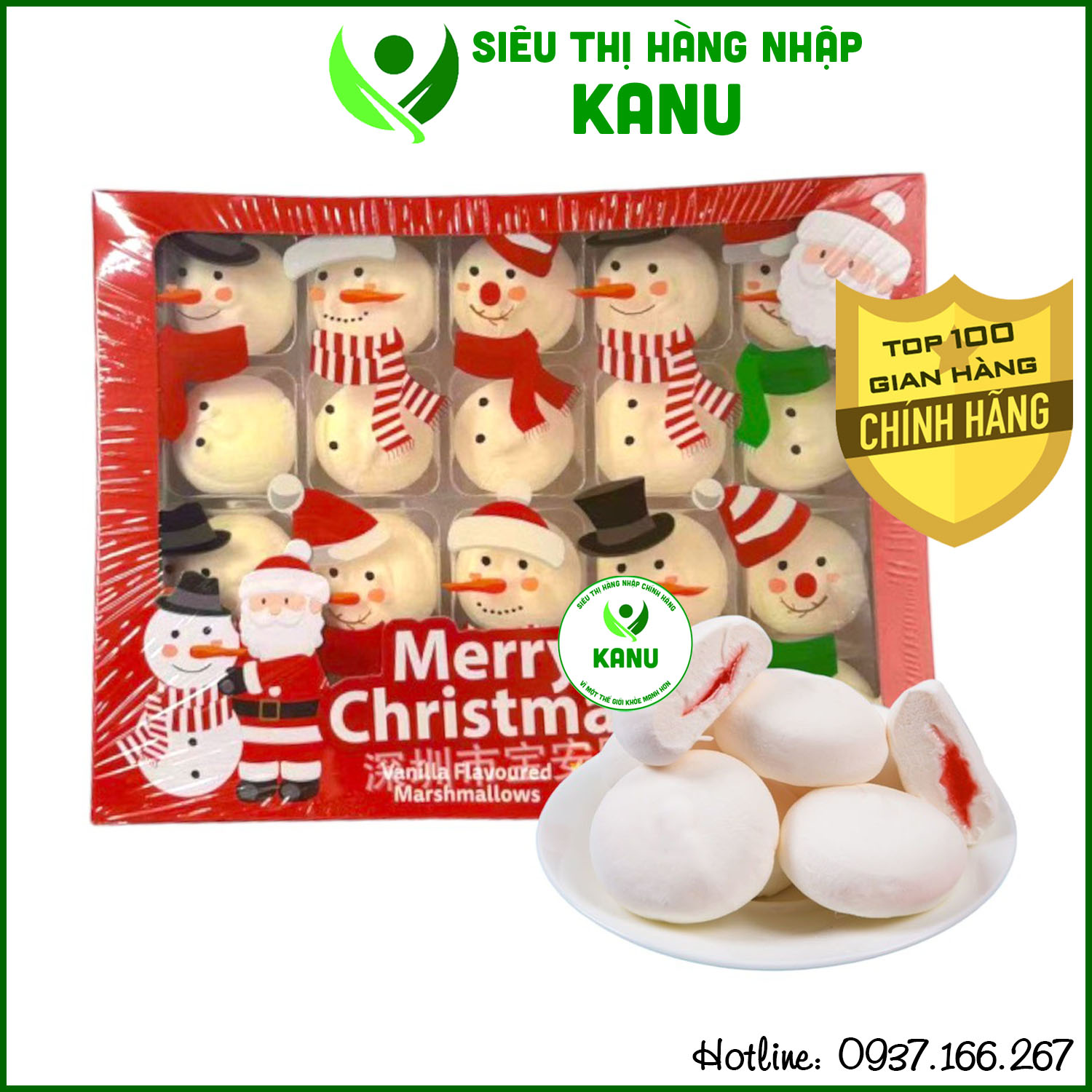 Kẹo xốp bông gòn marshmallow nhân dâu Merry Christmas 60g đồ ăn vặt noel ngon rẻ