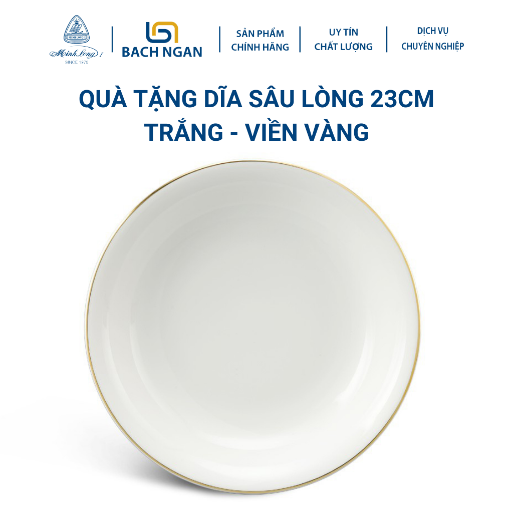 Dĩa Sâu Lòng Minh Long 23 cm Daisy Trắng Viền Chỉ Vàng Hàng Đẹp, Cao Cấp