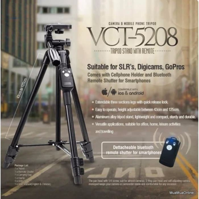 Tripod Chụp Ảnh Cao Cấp YUNTENG 5208 Dành Cho Máy Ảnh DSLR, Điện Thoại, Action Camera, Có Giá Đỡ Điện Thoại Và Điều Khiển Bluetooth Hỗ Trợ Chụp Ảnh Từ Xa