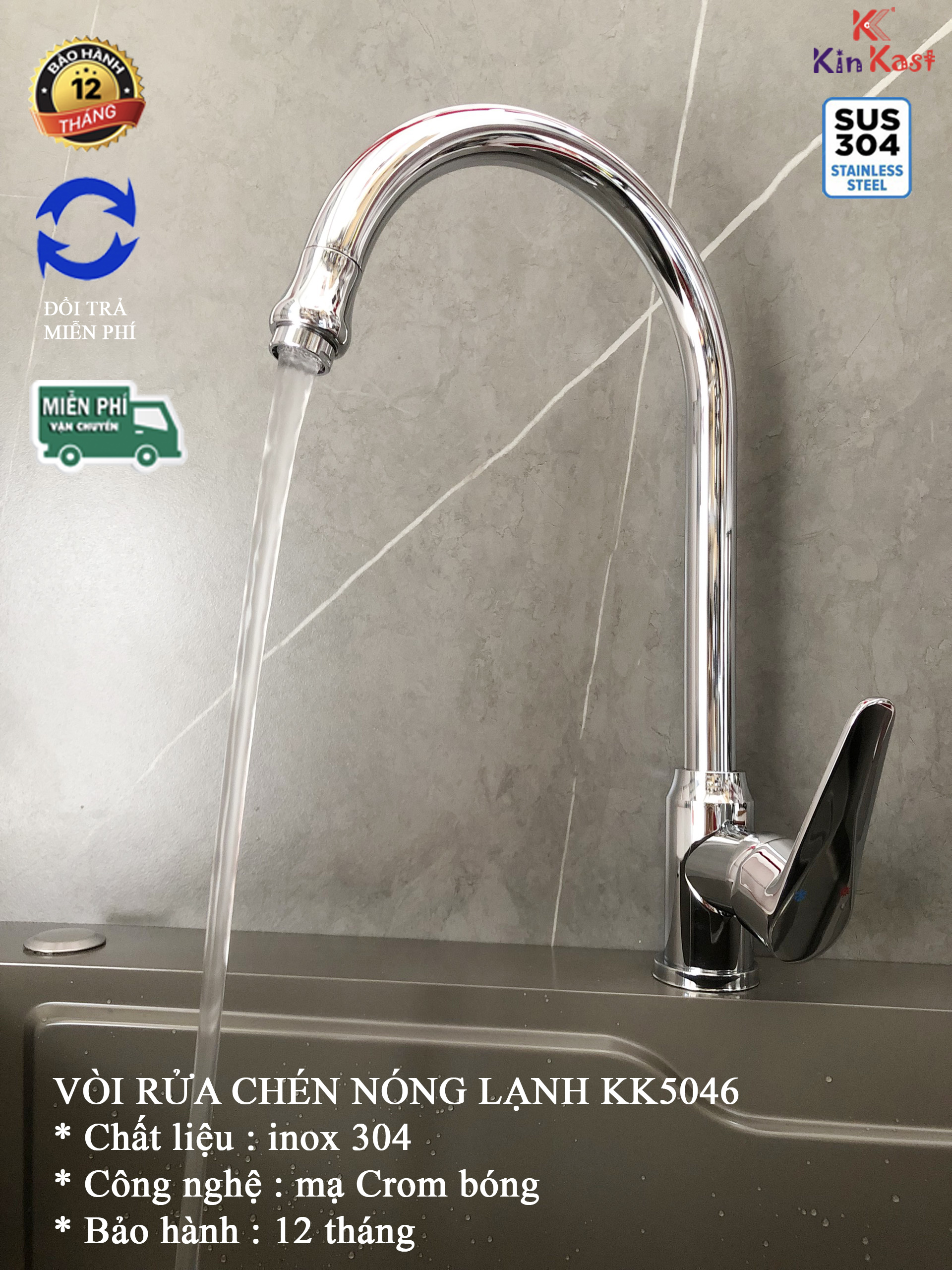Vòi rửa chén nóng lạnh inox 304 kk5046
