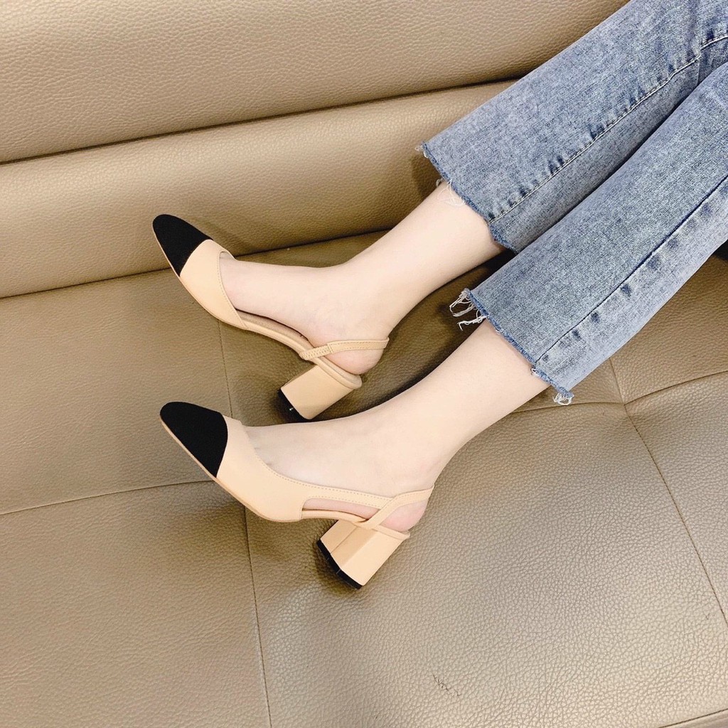 Sandal bít mũi da mịn khoét cạnh gót cao - 5P