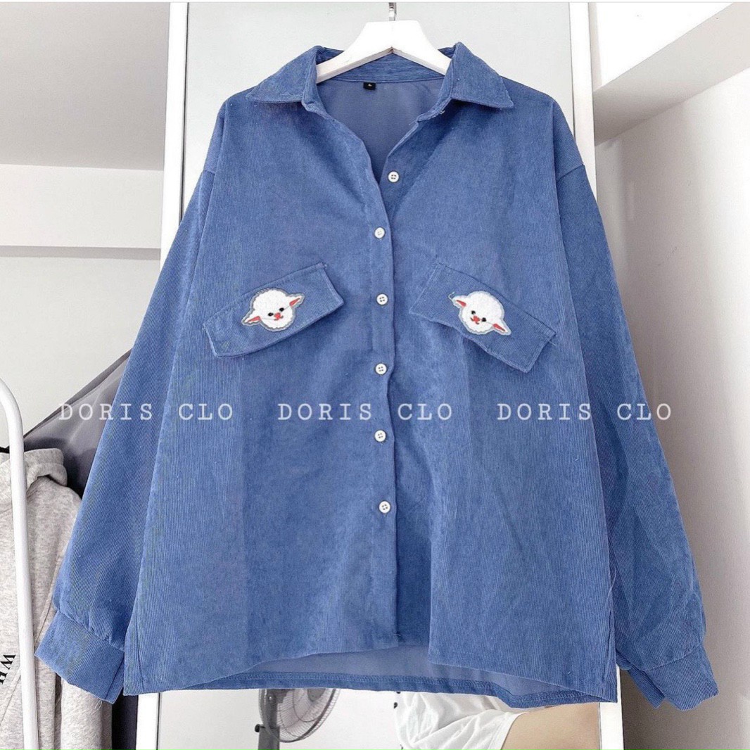 Áo Khoác Sơ Mi Vải Nhung Phối Túi Lệch in icon Cừu Con Form Rộng Dài, Chống Nắng Tốt .TP