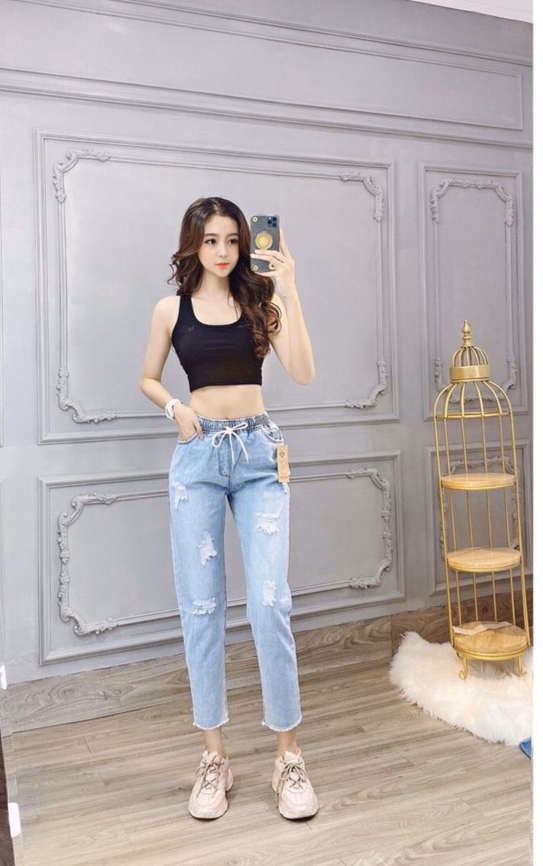 Quần baggy jean nữ lưng thun mẫu rách form suông tua lai