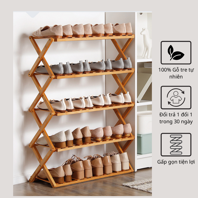 Kệ để giày dép nhiều tầng gỗ tre, gấp xếp gọn nhẹ, không cần lắp ráp smart home - laz