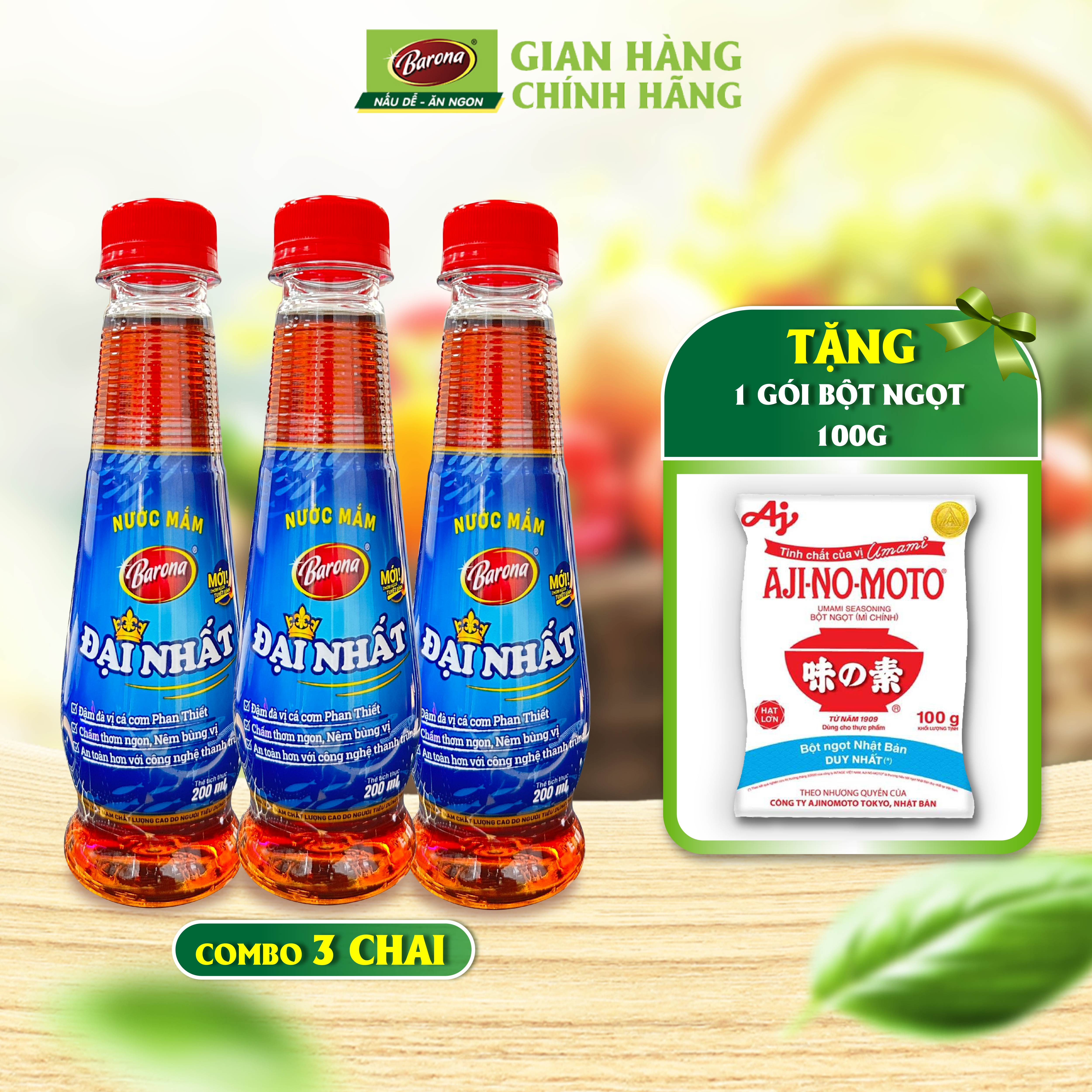 Combo 3 Chai Nước Mắm Barona Đại Nhất 12 Độ Đạm - 200ml Tặng 1 gói Bột Ngọt 100gr