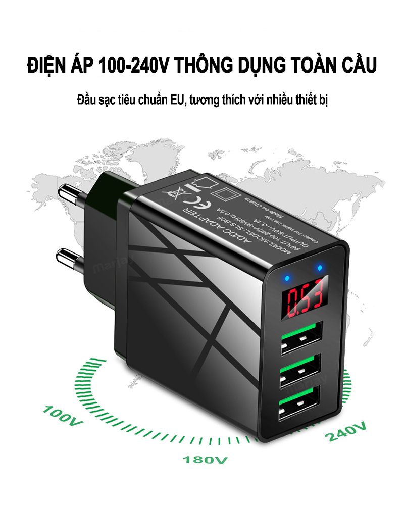 Cốc sạc củ sạc nhanh 3 cổng hoco c15 3a - màn hình lcd hiển thị điện áp