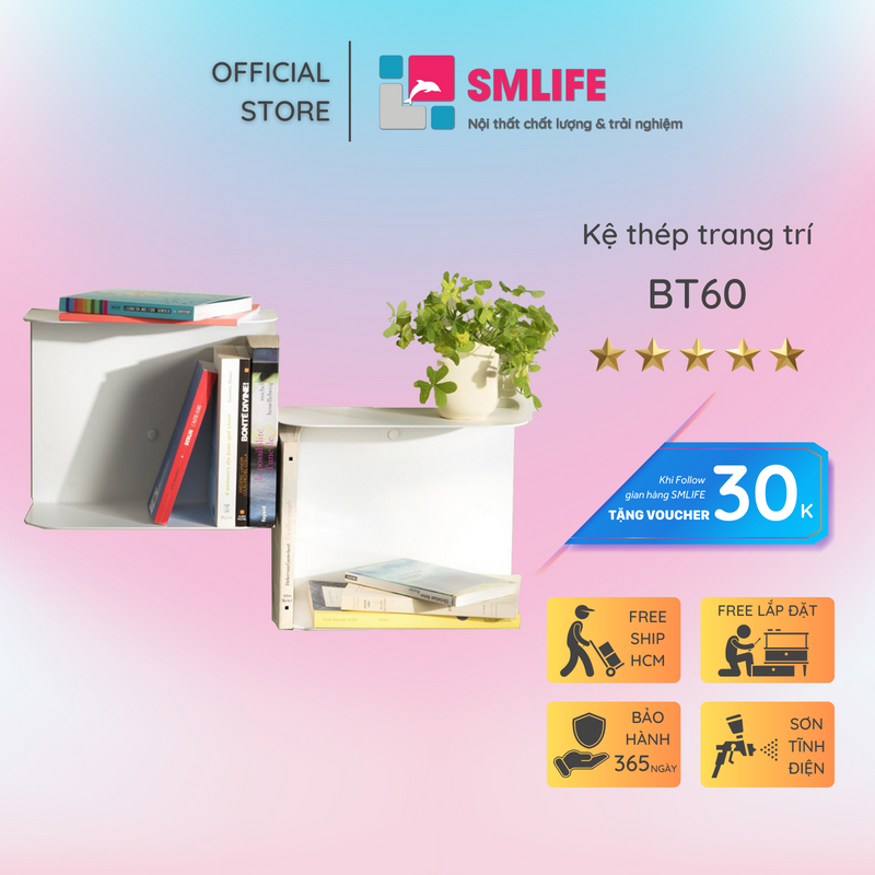 Kệ sách treo tường bậc thang SMLife - Kệ treo tường bằng thép dày 1,6mm - Sơn tĩnh điện màu Trắng hiện đại - Tặng kèm ốc vít, đầu bịt ốc