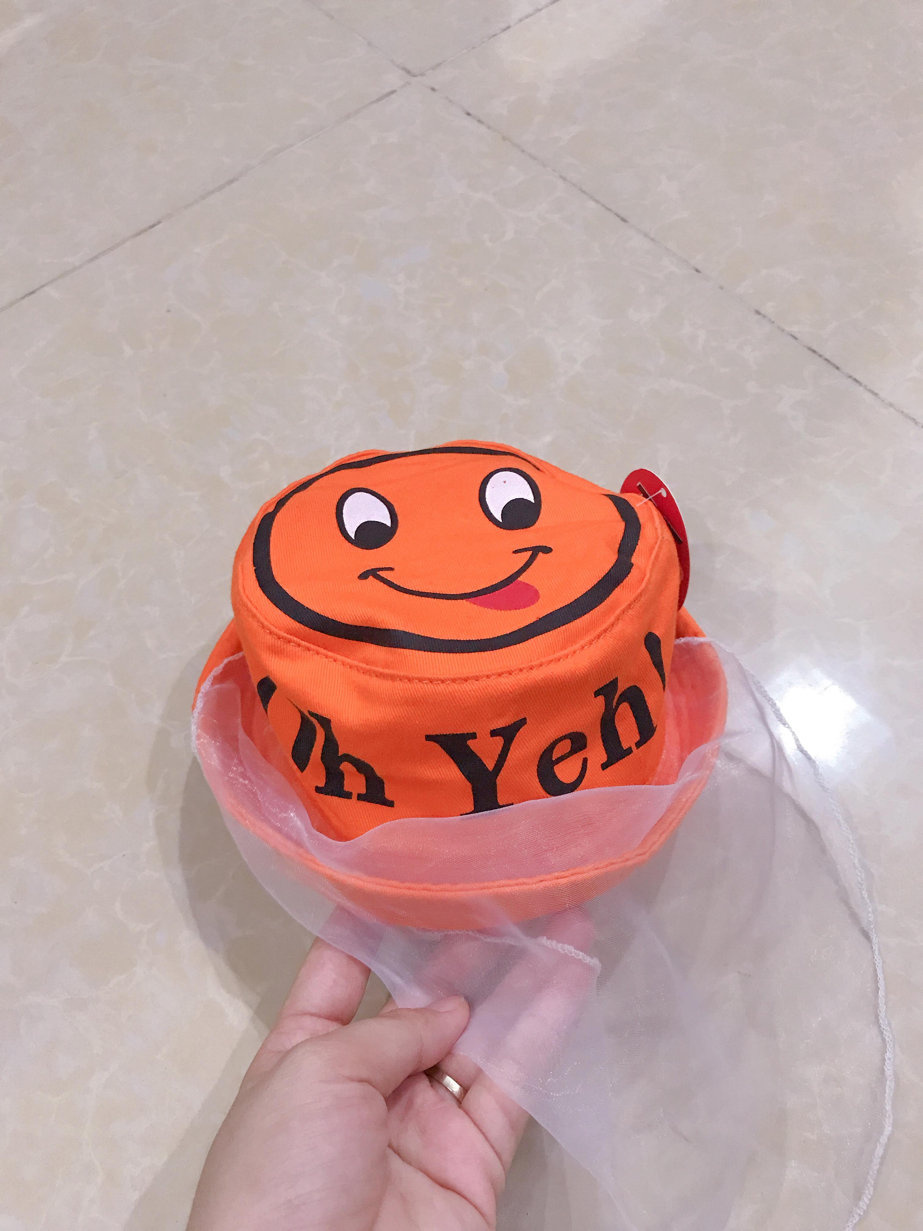 Nón mũ tai bèo họa tiết mặt cười có lưới màu cam dễ thương cho bé