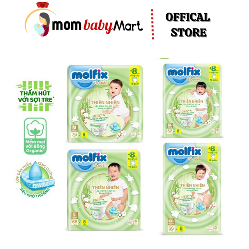 Tã/Bỉm Quần/Dán Molfix Thiên Nhiên Ultra Size S88/M84/L76/XL70/XXL64/XXXL30 Chất Liệu Sợi Trê Thiên Nhiên, Bông Organic