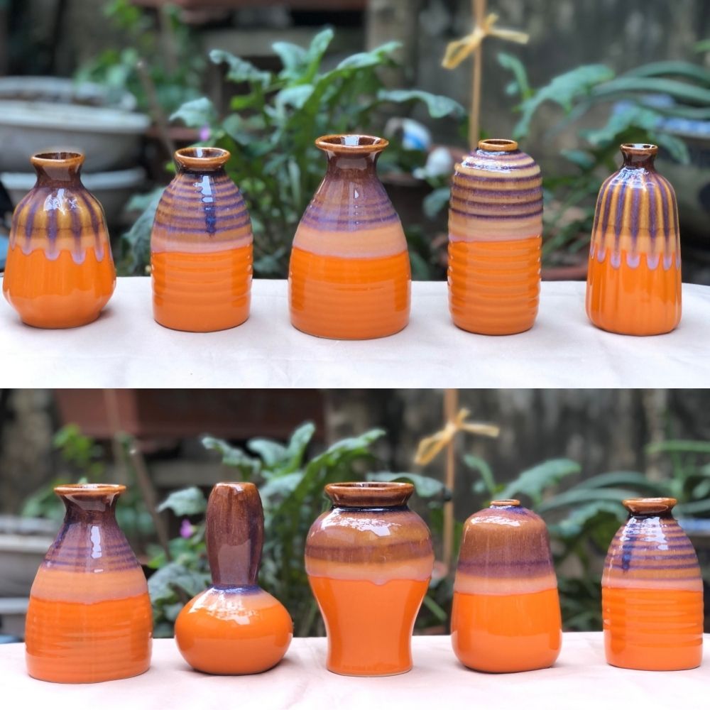 Set 3 Bình Hoa mini để bàn chất liệu gốm sứ Bát Tràng của Sole Home gam màu cam rực rỡ nổi bật chiều cao từ 12 - 15cm thích hợp trang trí nhà cửa văn phòng bàn làm việc