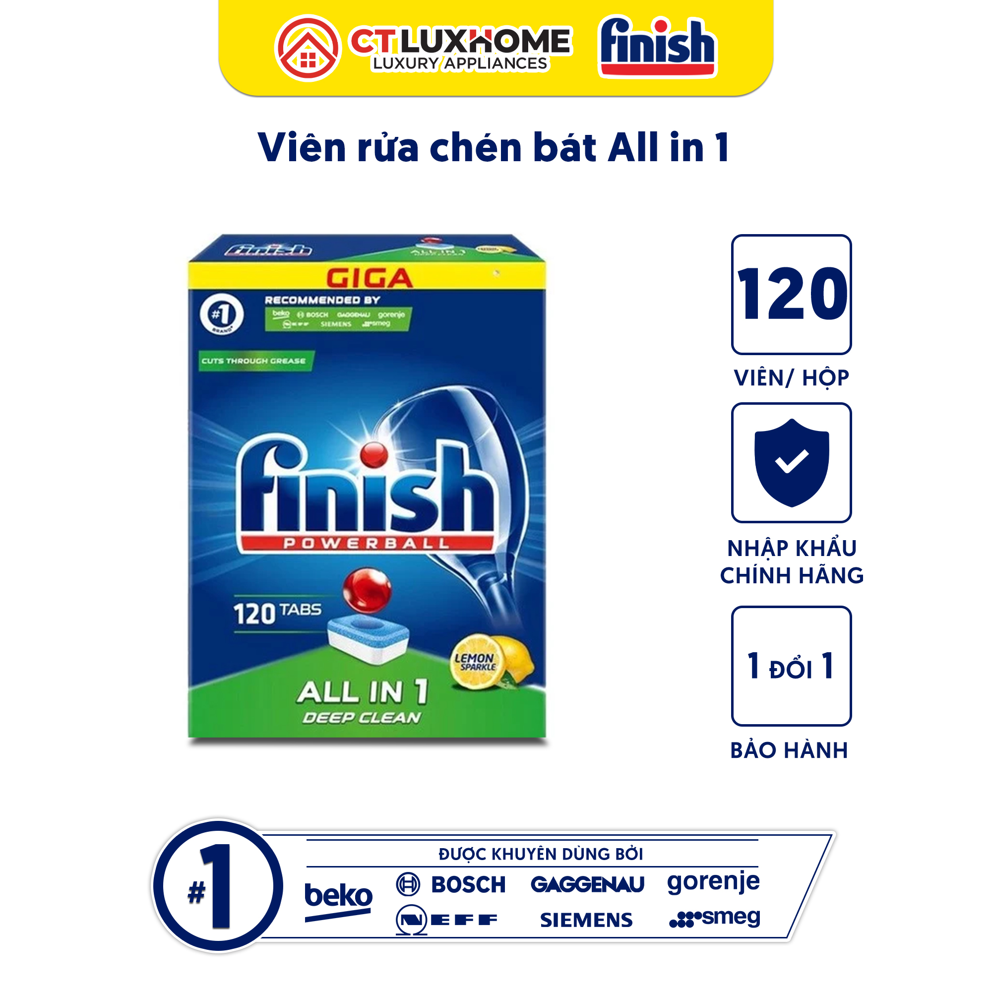 Viên rửa chén bát Finish All In One 120 viên hương chanh - Hàng chính hãng