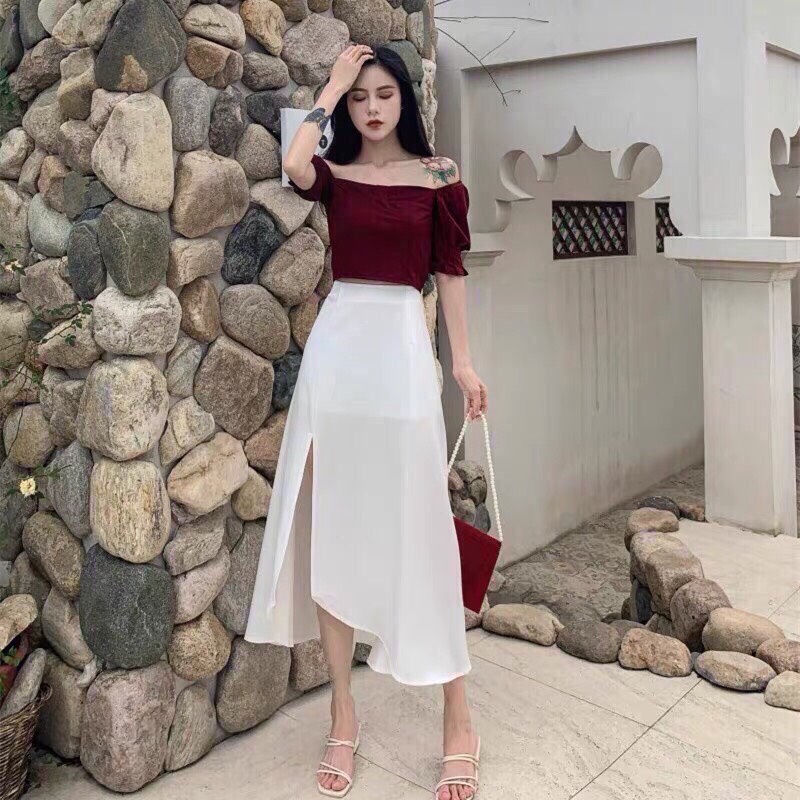 [HCM]Set Bộ Áo Trễ Vai & Chân Váy Xẻ Tà Trẻ Trung Cá Tính . Qc