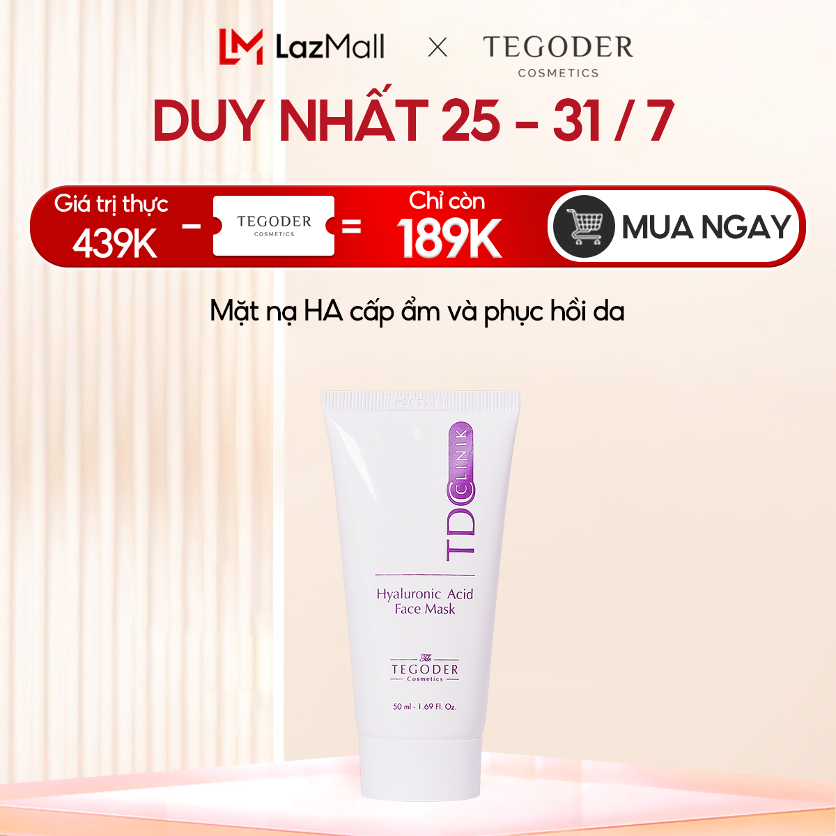 Mặt nạ HA Hyaluronic Acid cấp ẩm sâu,phục hồi da Tegoder Hyaluronic Acid face mask 50 ml mã 1081