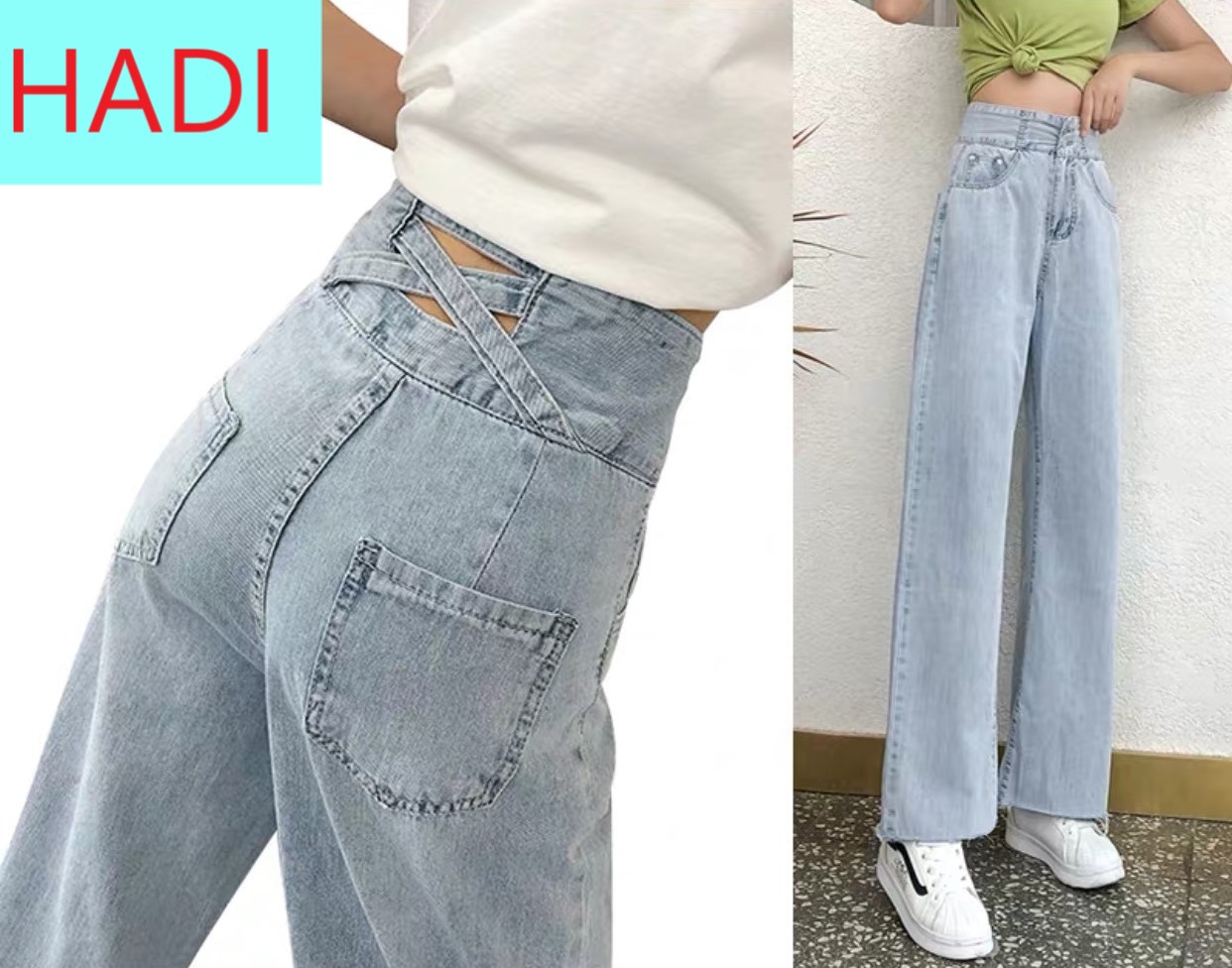 QUẦN JEAN ỐNG RỘNG NỮ LƯNG CAO MÀU XANH NHẠT 2 NÚT LAI TUA VẠT CHÉO LƯNG TRÊN CẢ TUYỆT VỜI MANG CẢM HỨNG ĐỘC ĐÁO LẠ MẮT